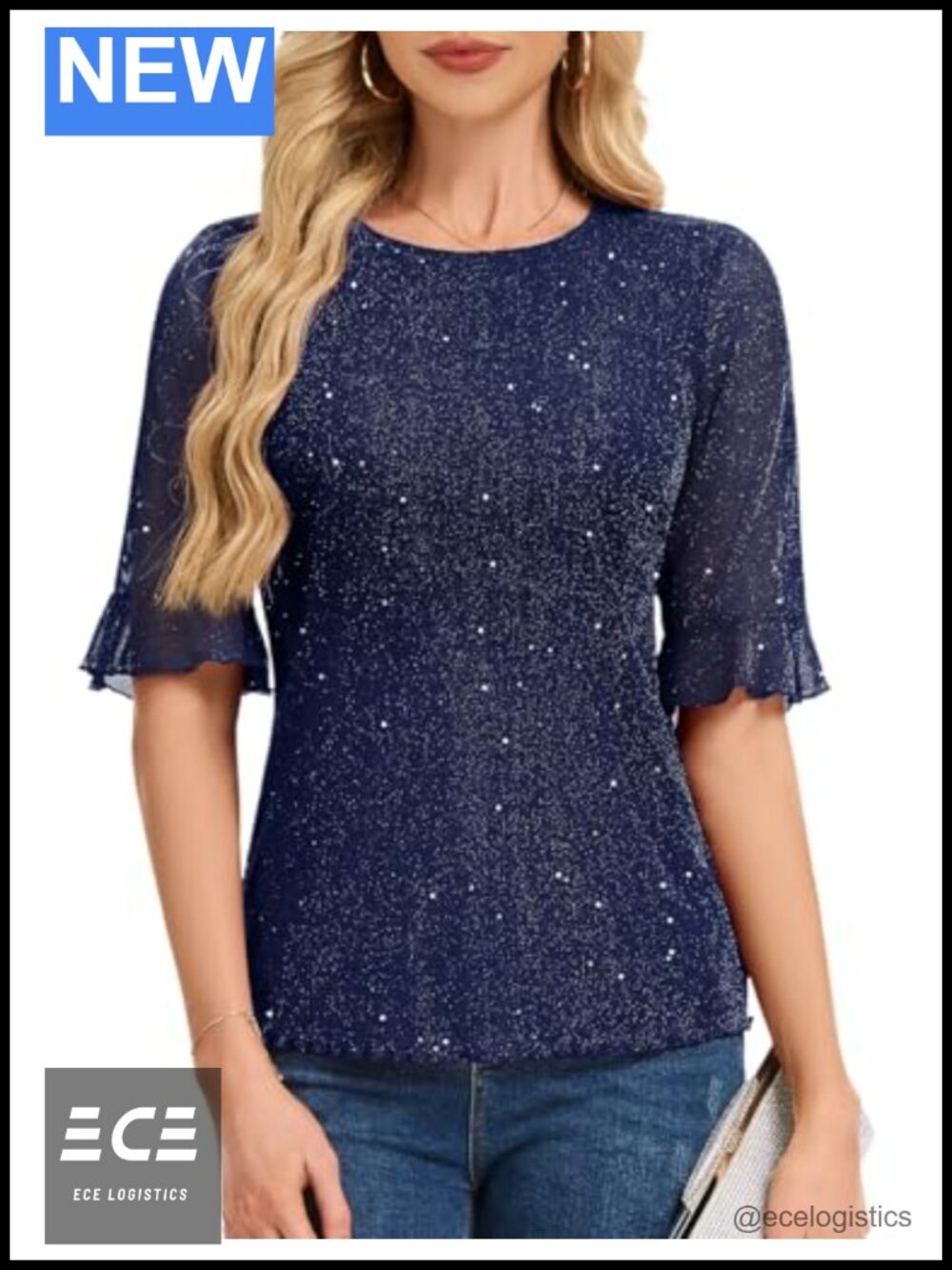 Sparkly Sequin Blouse Bell Sleeve Dressy Cocktail Top